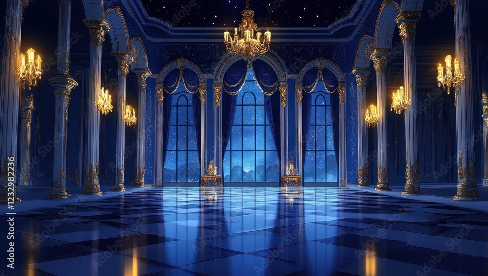 Obraz premium Grand Ballroom, Night Scene: A Regal Interior with Starry Night Views