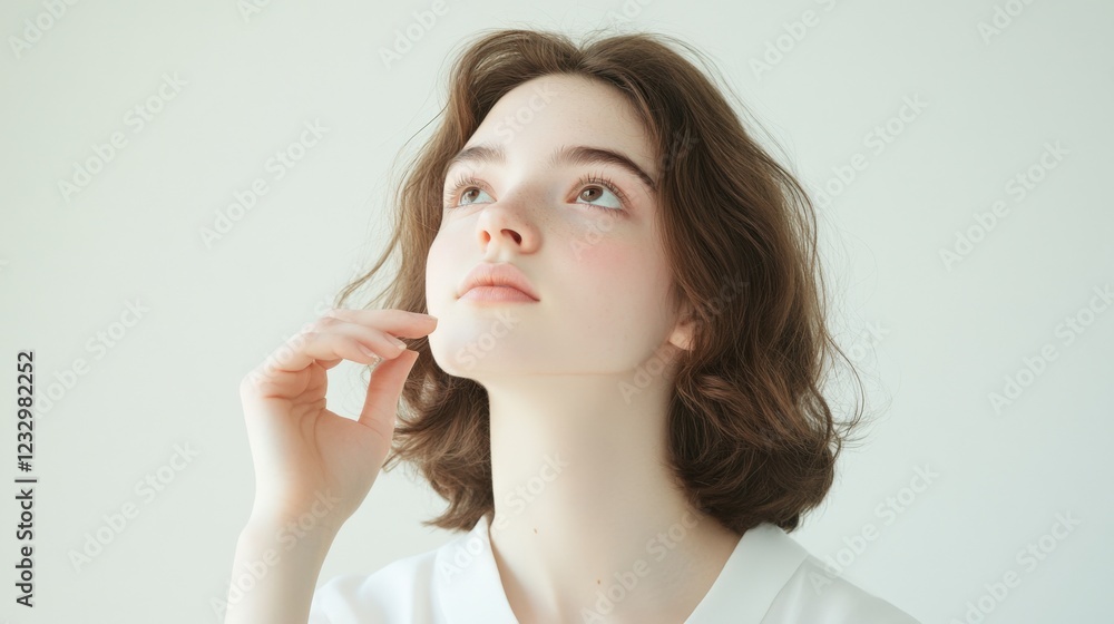 young woman with brown hair looking up thoughtfully young woman with brown hair looking up thoughtfully