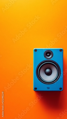 Vibrant blue speaker against a bright orange background creating a modern aes...