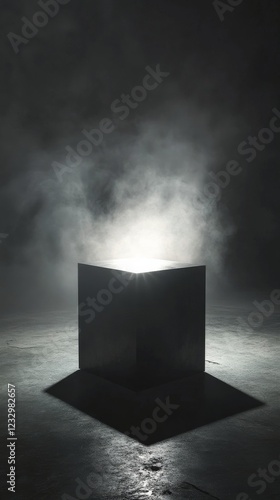 Mysterious glowing cube surrounded by swirling mist in a dark setting