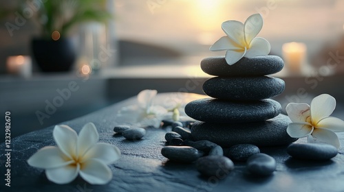 Stacked stones create a serene atmosphere near a tranquil water surface in a ...