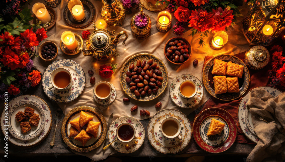 Aromatic Festive Table Setting: Warm Evening with Dates, Sweets, and Tea Aromatic Festive Table Setting: Warm Evening with Dates, Sweets, and Tea