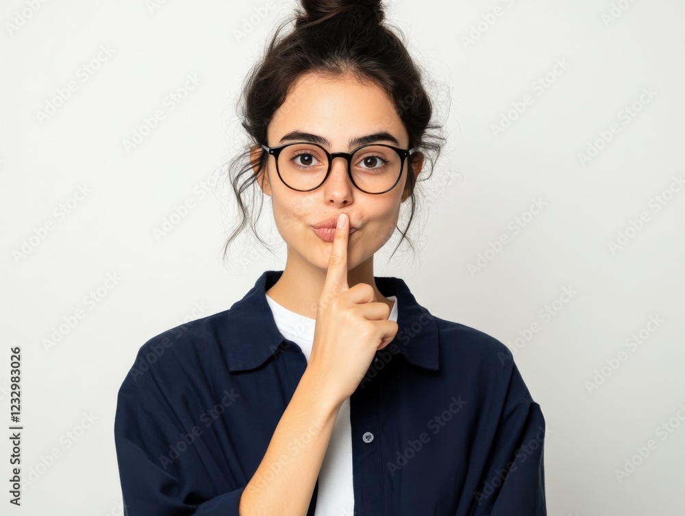 young woman with glasses making a quiet gesture young woman with glasses making a quiet gesture