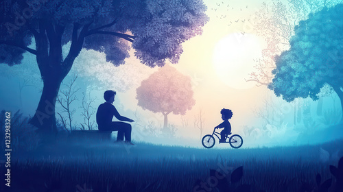 Serene Evening Scene with Parent and Child in Nature Setting