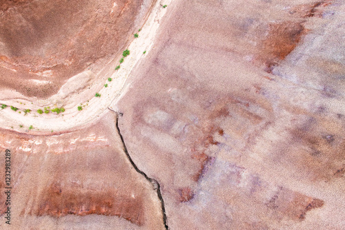 Aerial view of cracked sandstone landscape with sparse vegetation photo