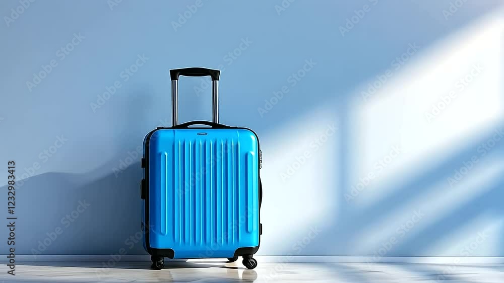 A vibrant blue suitcase with a minimalist design stands alone on a spotless white background, radiating a sense of adventure and the warmth of a summer sunrise. A vibrant blue suitcase with a minimalist design stands alone on a spotless white background, radiating a sense of adventure and the warmth of a summer sunrise.