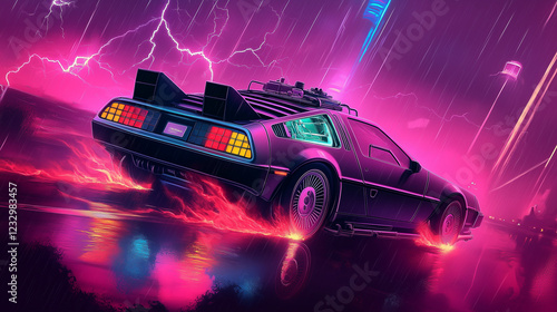 Neon Dream: 80s Retro Car in Vibrant Nightscape