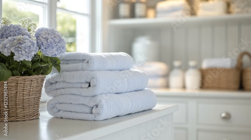 Soft white towels neatly arranged in a serene bathroom with blue walls and na...