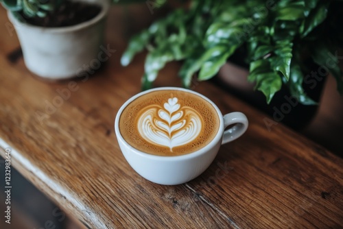 Beautiful latte art in a cozy caf setting with lush greenery