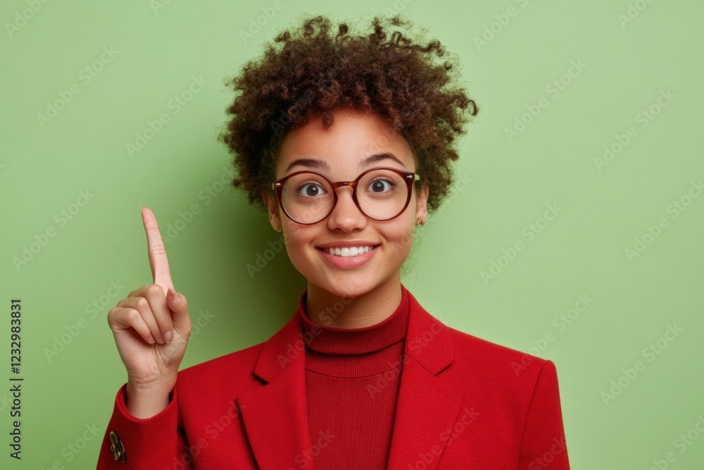 young woman with glasses points up with index finger young woman with glasses points up with index finger