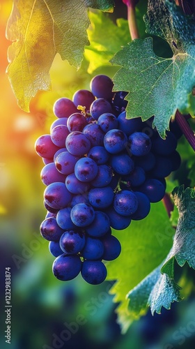 Grapes hanging from vine against a blurred green background in a vineyard set...