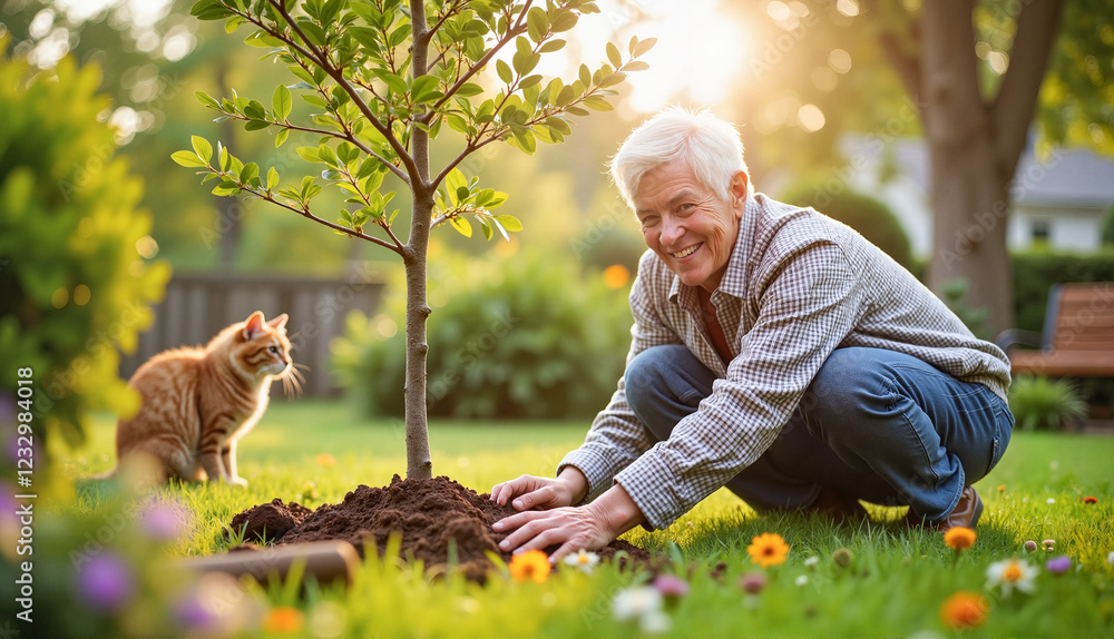 Elderly man smiling while planting a tree in a vibrant home garden with a cat nearby, celebrating joy and tranquility on Earth Day. Elderly man smiling while planting a tree in a vibrant home garden with a cat nearby, celebrating joy and tranquility on Earth Day.