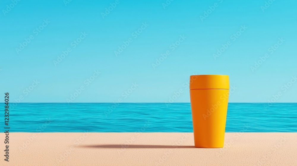 Bright Yellow Cup on Sandy Beach with Calm Ocean and Sky Background Bright Yellow Cup on Sandy Beach with Calm Ocean and Sky Background