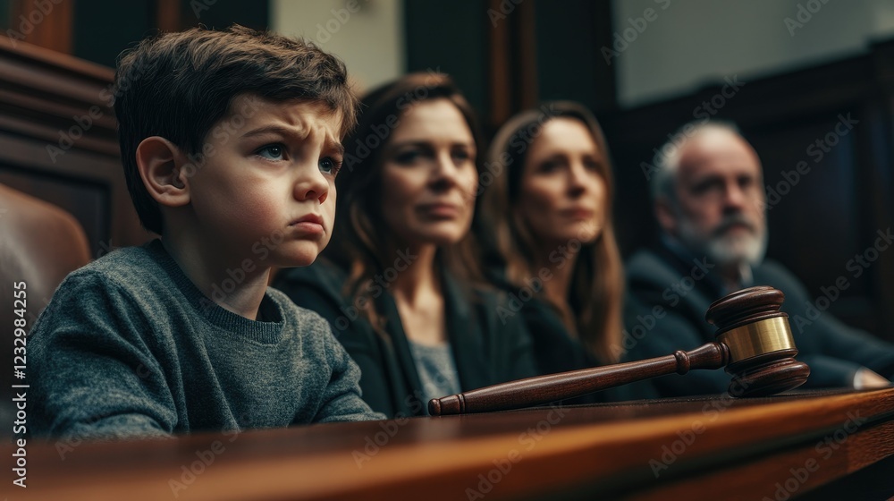 Fototapeta premium Sad boy sitting at a table in the background of his parents.