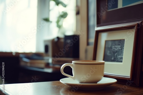 Warm cup of tea on a table beside a framed picture in a cozy room filled with...