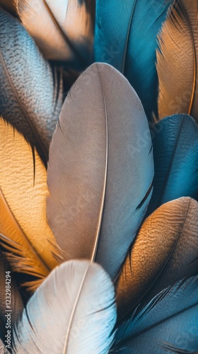 Colorful feathers create a vibrant texture and pattern in a close-up view of ...