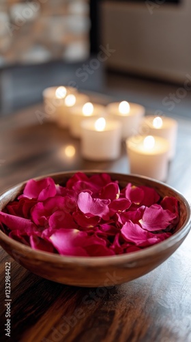 Decorative rose petals in a bowl surrounded by flickering candles