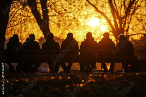Group of friends enjoying sunset together on a bench in a serene rural setting