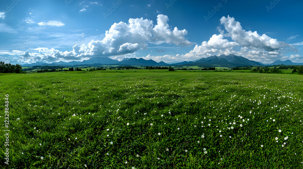 Sunny meadow, mountain vista, wildflowers, peaceful landscape, nature background Sunny meadow, mountain vista, wildflowers, peaceful landscape, nature background