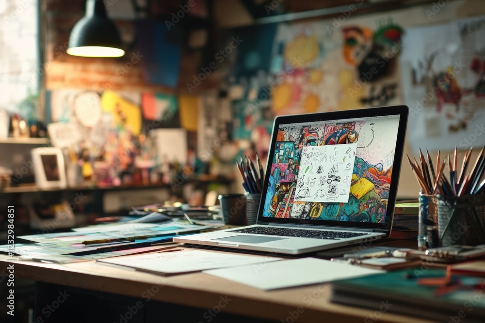 Vibrant creative corner with sketchpads, art supplies, and an open laptop. Generative AI Vibrant creative corner with sketchpads, art supplies, and an open laptop. Generative AI