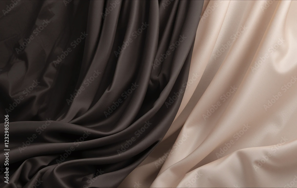 Obraz premium Black dark light pastel dusty pale soft brown sepia beige nude white abstract background. Silk satin fabric. Curtain drapery flowing line stripe. Gradient. Mocha mousse color 2025. Beautiful elegant.