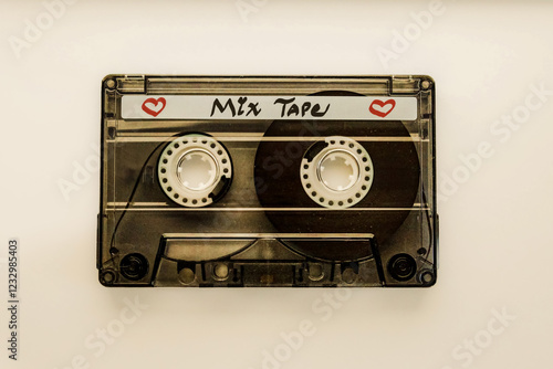 close-up of a transparent black audio cassette mix tape with writing and hearts music retro valentine love language nostalgia 80s favorite songs theme