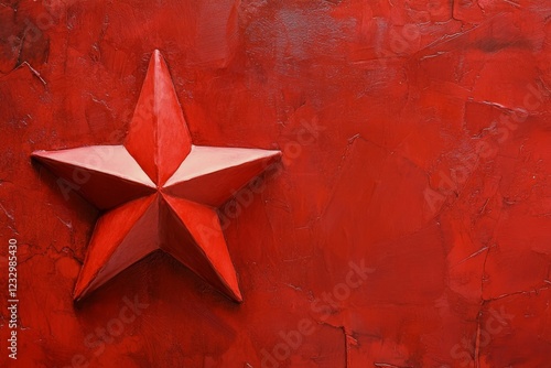 Red star sculpture against a vibrant red background with geometric design ele...