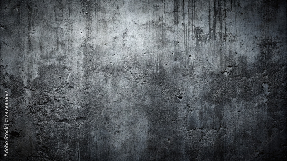 Fototapeta premium A weathered concrete wall is visibly marked with various stains and cracks, showcasing its rough texture in an urban setting. The surface lacks color variance and appears aged