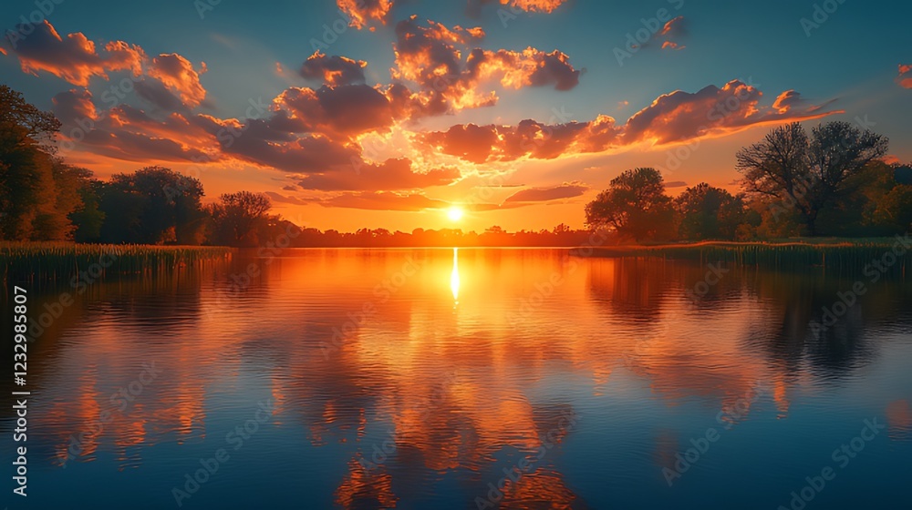 Fiery sunset reflecting on calm lake, trees silhouetted Fiery sunset reflecting on calm lake, trees silhouetted