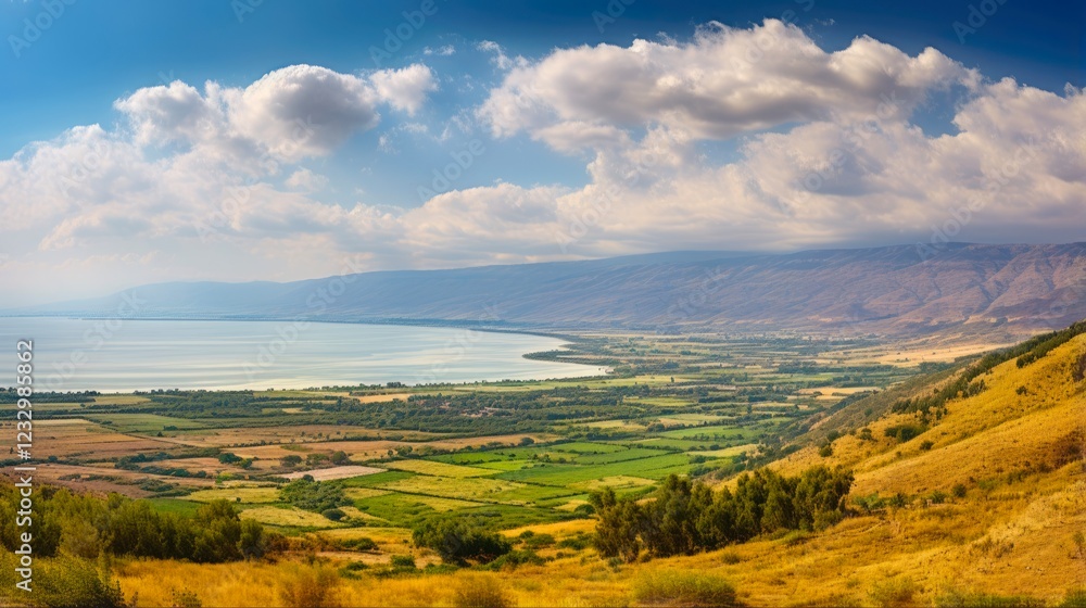 Obraz premium Galilee - A Spectacular Panoramic View of Israel's Lake from Mount of Beatitudes, Golan Heights