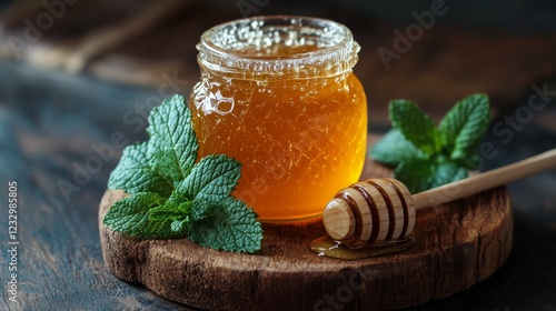 Refreshing mint tea in a glass jar surrounded by vibrant green leaves on a wo...