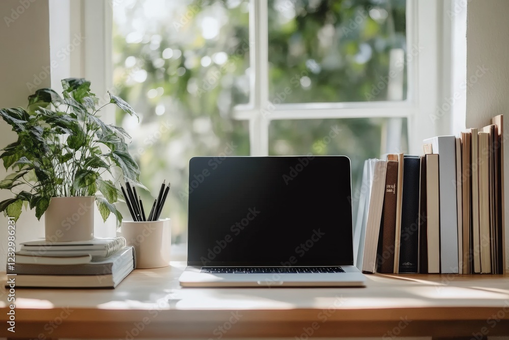 Minimalist home office workspace with greenery and natural light. Generative AI Minimalist home office workspace with greenery and natural light. Generative AI