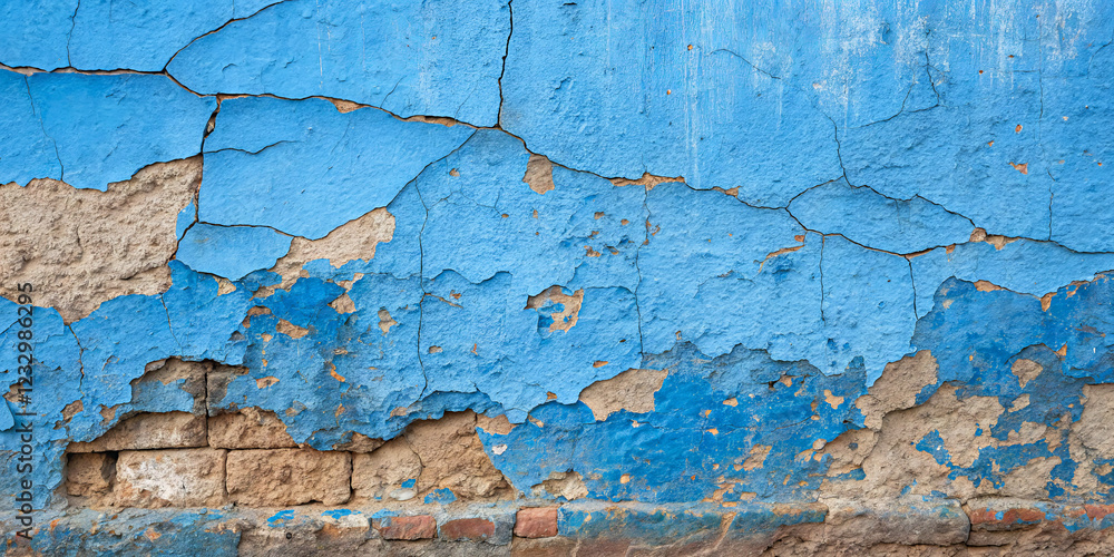 Fototapeta premium The surface features a striking blue color, with significant cracks revealing the underlying texture and layers. This urban wall tells a story of age and weathering in the environment
