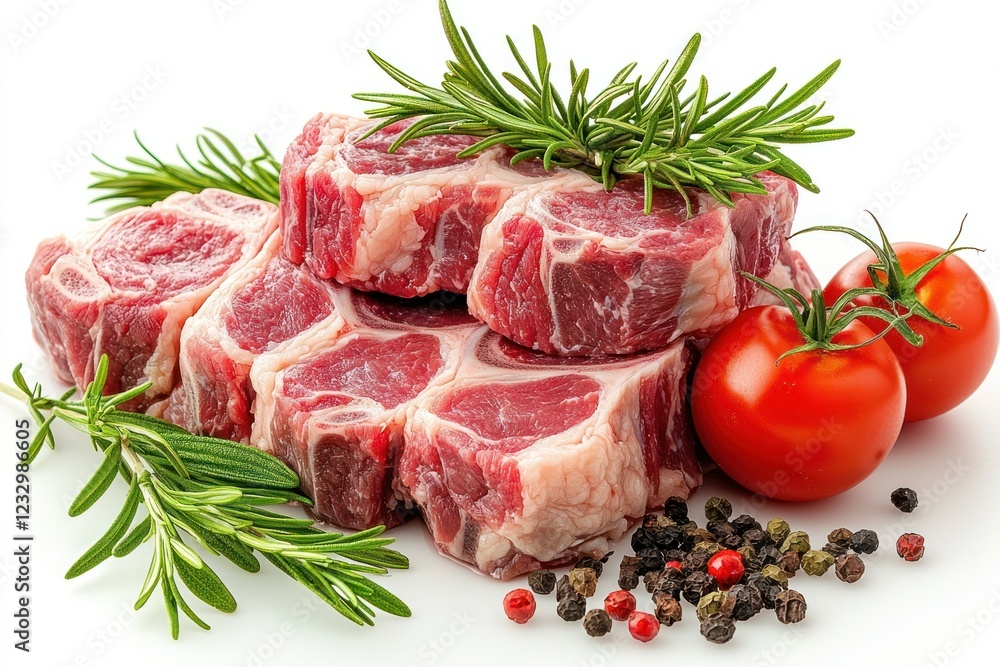 Raw beef steaks with rosemary, tomatoes, peppercorns on white Raw beef steaks with rosemary, tomatoes, peppercorns on white