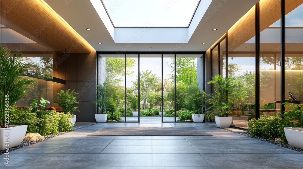 Modern lobby with glass walls, plants, and skylight. Modern lobby with glass walls, plants, and skylight.