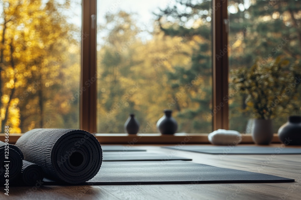 Relaxing home workout space with yoga mats and natural ambiance for mindfulness. Generative AI Relaxing home workout space with yoga mats and natural ambiance for mindfulness. Generative AI