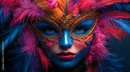 A dazzling carnival mask with bright colorful feathers and glittering accents, evoking joy and festivity.