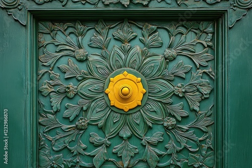 Intricate green door with yellow knob showcasing unique artistic design elements