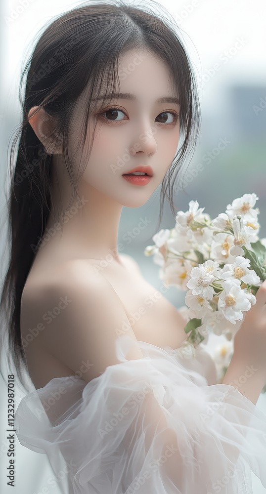 Young Woman Holding White Flowers in Soft Natural Light Portrait Young Woman Holding White Flowers in Soft Natural Light Portrait