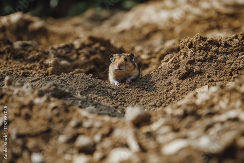 Small brown rodent exploring the earth in a natural habitat during daylight h...