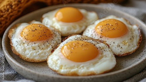 Sunny-side up eggs, plate, kitchen, cozy background, breakfast photo