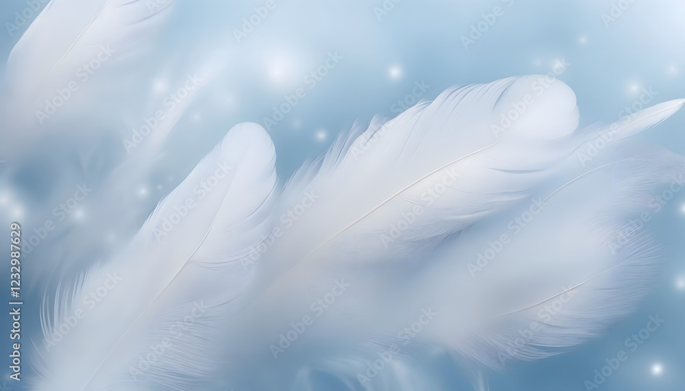 White feathers on blue background featuring gentle weightlessness and airy design White feathers on blue background featuring gentle weightlessness and airy design