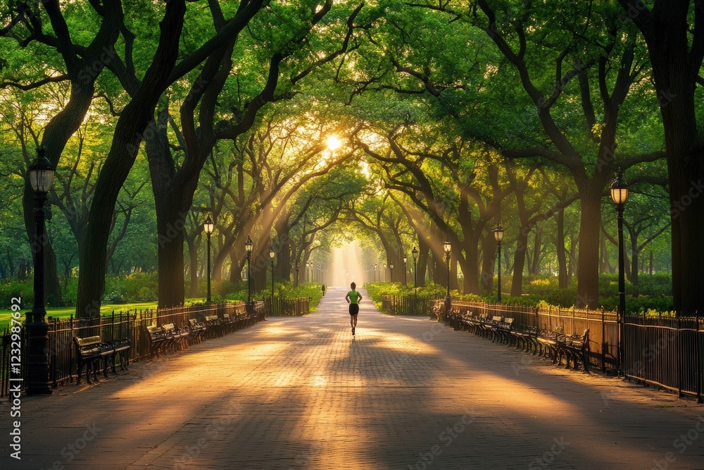 Obraz premium Morning jog through a sunlit park reveals peace and tranquility. Generative AI