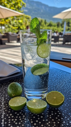 Refreshing lime and mint drink served in a glass with fresh lime slices and m...