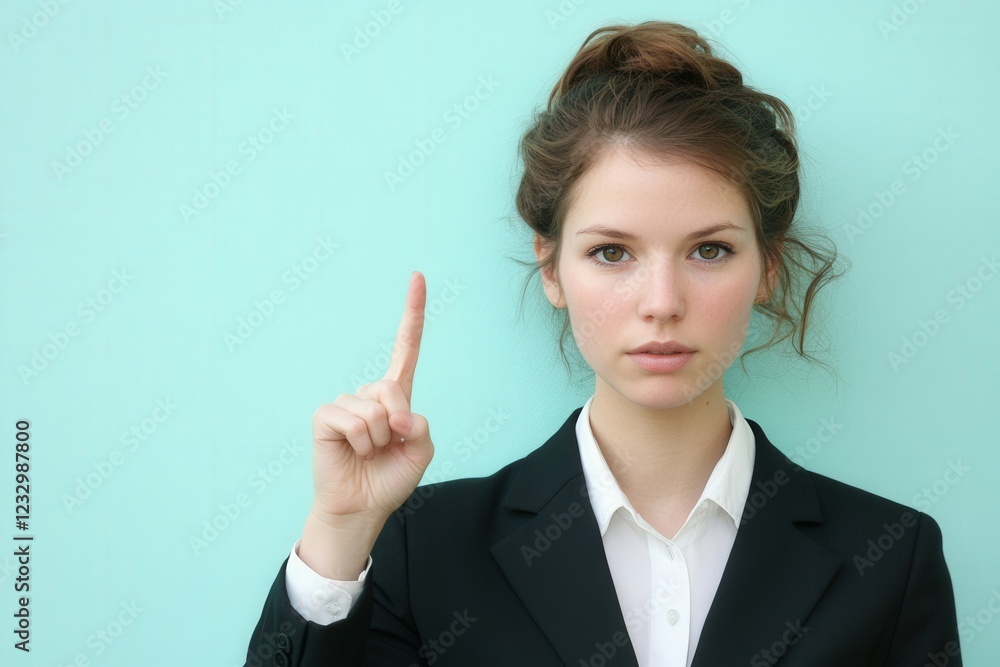young businesswoman pointing upwards with index finger young businesswoman pointing upwards with index finger