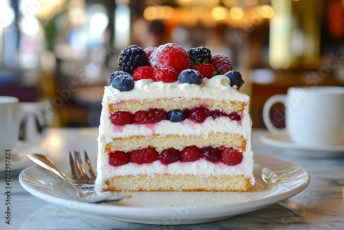 Delicious layered cake with fresh fruits served on a white plate in a bright ...
