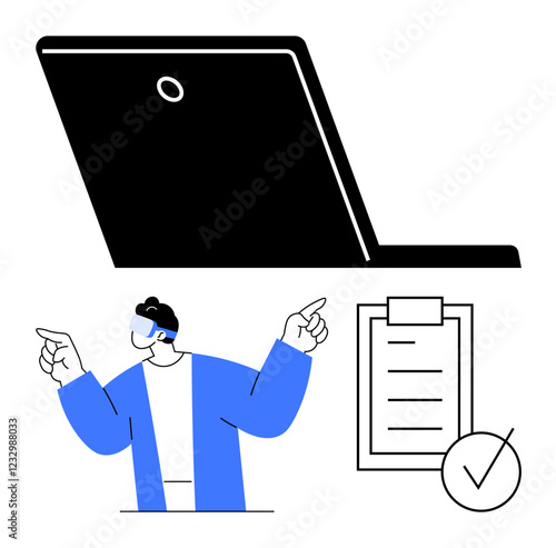 Person in blue gestures, laptop with webcam, clipboard with checklist and checkmark. Ideal for teamwork, productivity, instructions, collaboration, task management, remote work abstract line flat