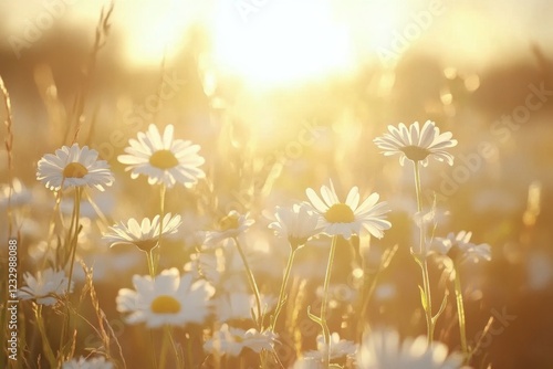 Bright sun shining over a field of daisies during golden hour