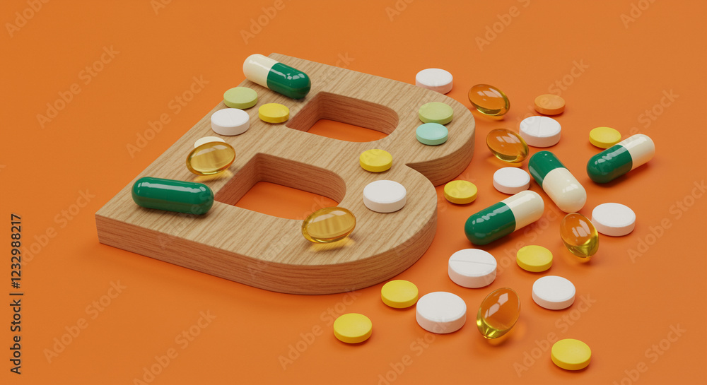 Pills and vitamins on wooden letter B. Different pills and vitamins on orange background Pills and vitamins on wooden letter B. Different pills and vitamins on orange background