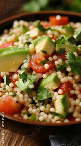 Fresh avocado and tomato salad served in a bowl with herbs and grains for a h...